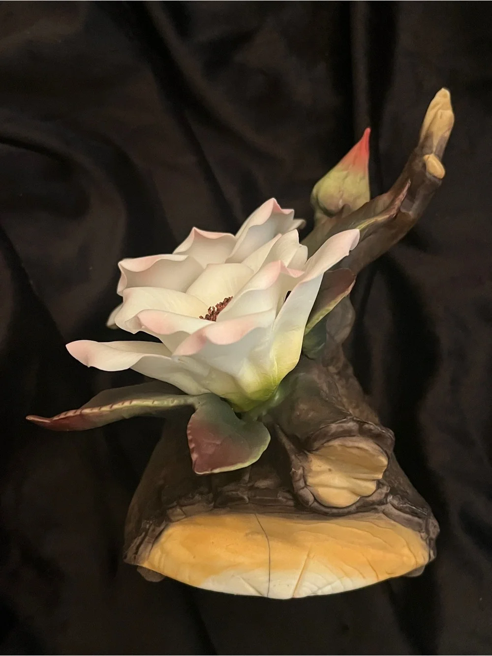 Vintage Porcelain Magnolia Flower Music Box Tree Stump Floral Figurine